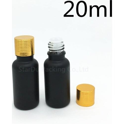Free Shipping 200pcs 20ML Black Frosted Glass Bottle 20ml Vials Essential Oil Bottle gold Aluminum screw cover Perfume bottle