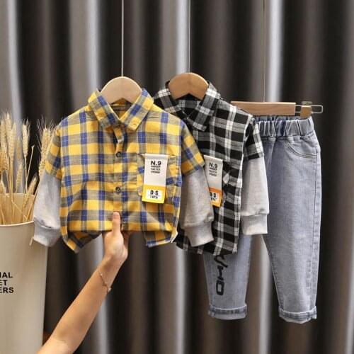 2021 New Baby Boys Clothes Set Patchwork Plaid Top+Jeans 2-Piece Suit Children Handsome Fashion Clothing Newborn 0 1 2 3 4 Years