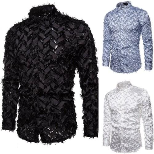 2021 Spring and Autumn Mens Shirt Handmade Three-dimensional Feather Fabric Feature Henry Collar Long Sleeve Shirt S-XXL