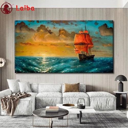 Diamond Embroidery Sailing boat on the sea at sunset Full Square round Diamond Mosaic Art Painting Cross Stitch Wall Decor