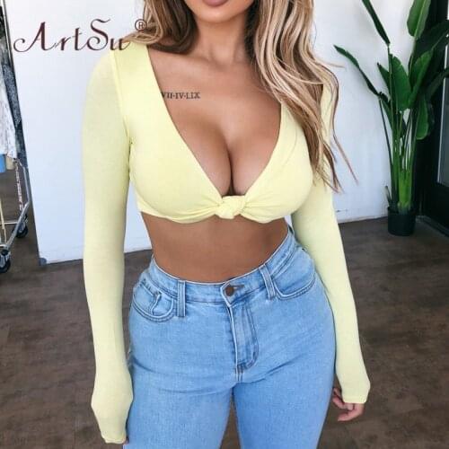 ArtSu 2020 Long Sleeve Deep V-Neck Knot Sexy Crop Top Club Wear Autumn Winter Women Basic Skinny Tshirts Cropped Tees Pink White