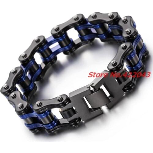 Fashion Charm Mens Bracelets Men Jewelry Black Blue Stainless Steel Motorcycle Bicycle Chain Link Mens Bracelets Band 8.6"*16mm