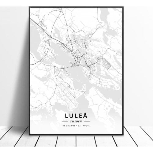 Black and White Lulea Sweden Latitude Longitude Canvas Art Map Poster