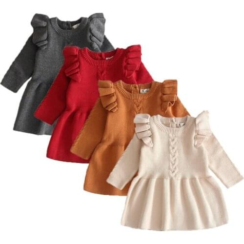 Lovely Kid Baby Casual Knitted Dress Girls Ruffle Long Sleeve Princess Party Tutu Dress Sweater Solid Autumn Winter Dresses