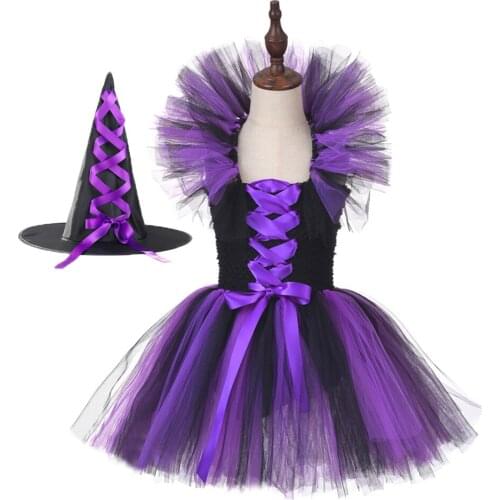 Purple Witch Costume with Witch Hat Girls Knee Length Birthday Party Dress Children Halloween Pageant Witch Dress Up Photo Prop
