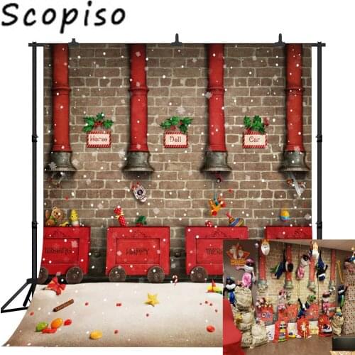Scopiso Toy Factory Snow Red Train Christmas Decor Photography Backgrounds Customized Photographic Backdrops
