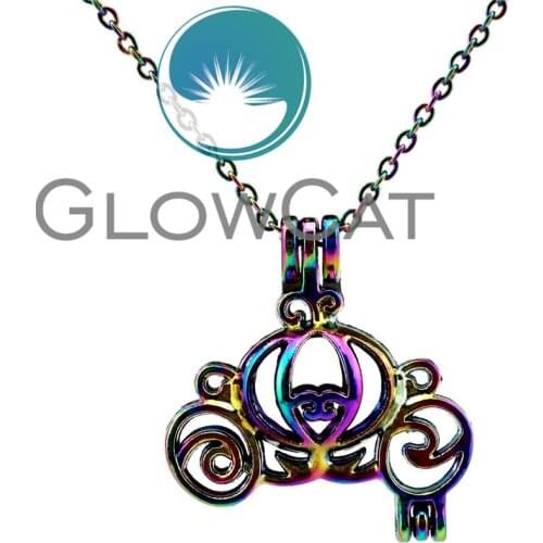 GLOWCAT CC530 Rainbow Color Pumpkin Car Beads Cage Pendant Essential Oil Diffuser Aroma Pearl Cage Locket Necklace