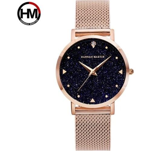 HANNAH MARTIN 2018 Rose Gold Luxury Womens Wristwatches Japan Quartz Movement Ladies Watches Steel Mesh Strap Relogio Feminino
