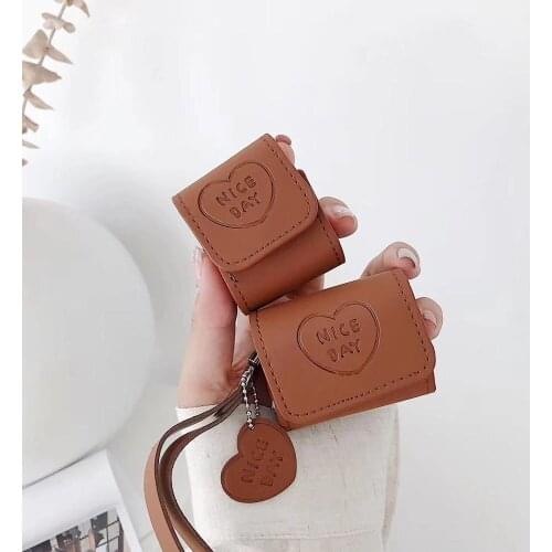 Cute Brown Leather Love heart Lanyard case For Apple AirPods 2 Charging Shell Earphone Protection Cover Box for Airpods pro 3
