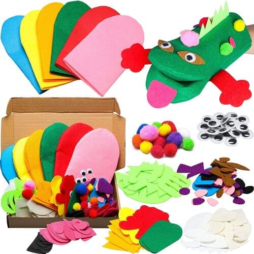 6Pcs Toddlers DIY Art Craft Felt Animal Hand Puppets Making Kit for Kids Party Decoration Role Play Toys Puppets Show for Child