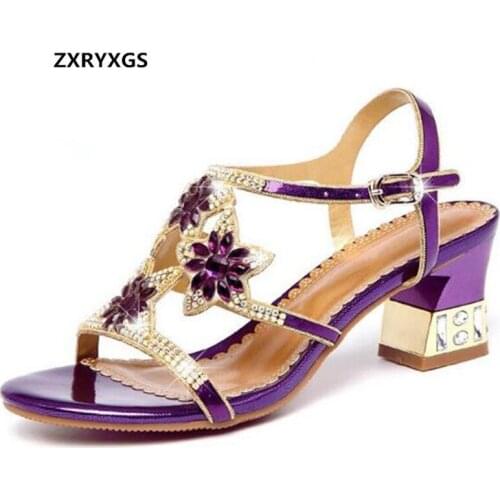 2019 New Summer Women Sandals Rhinestone Shoes Fashion Sandals Fish Mouth Rough with Genuine Leather Shoes Women Summer Sandals