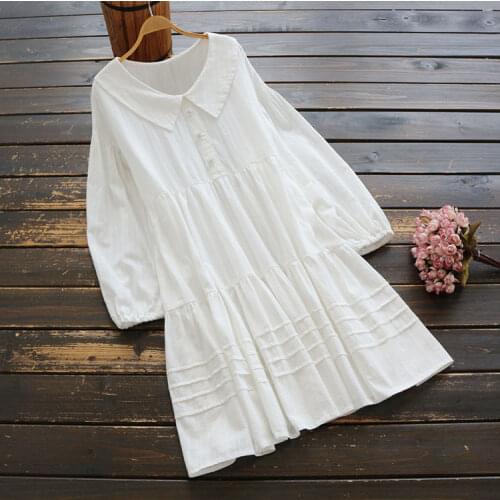 New autumn womens Korean version loose solid color lapel dress pure cotton casual doll collar long sleeve cute girl 2020