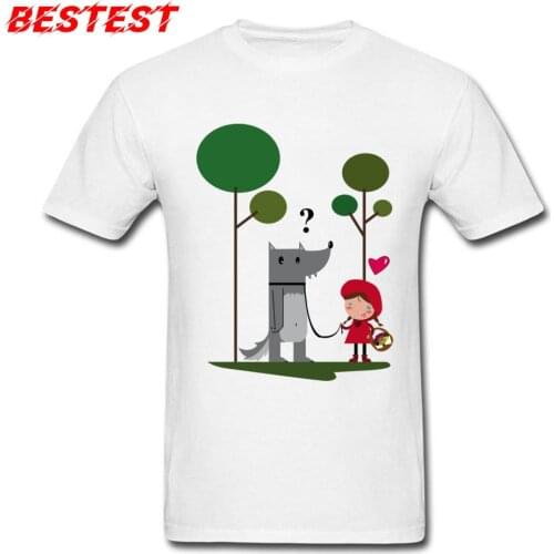 Autumn Funny T-shirt Men White T Shirt Little Red Riding Hood And Bad Wolf Print Cartoon Clothes Cotton Tops Tees Free Shipping