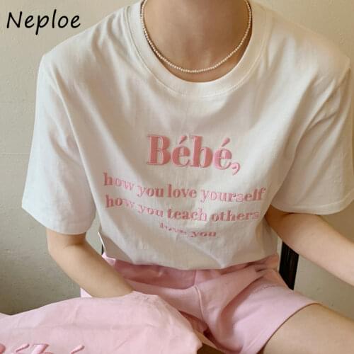 Neploe O Neck Pullover Short Sleeve T Shirt Women Letter Print Loose Causal Tees Summer 2021 New Cotton Ladies Top Multicolor