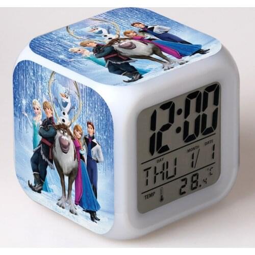 Disney Frozen Queen Annas Colorful Alarm Clock LED Square Clock Childrens Creative Digital Clock Christmas Gifts chargeable