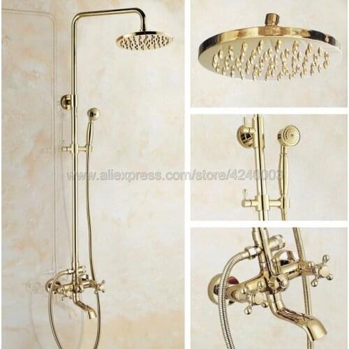 Luxury Gold Color Brass 8" Rainfall Shower Head Bathroom Shower Faucet Set Tub Mixer Tap with Hand Shower Kgf382