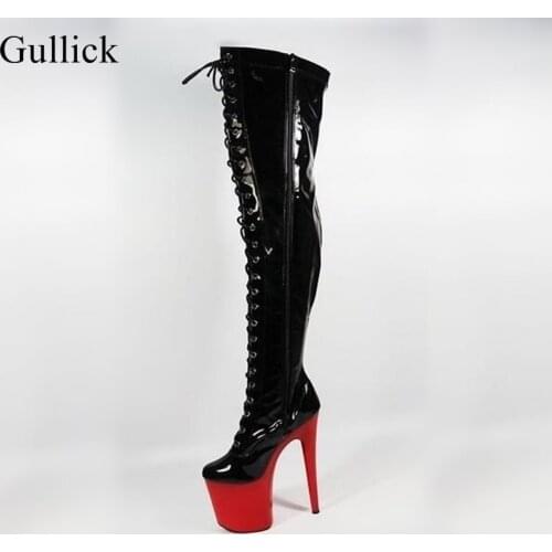 Super High Over the Knee Boots Women Black Patent Leather Platform Lace-up Boots 20cm Heel Red Heels Thigh High Boots Sexy Shoes