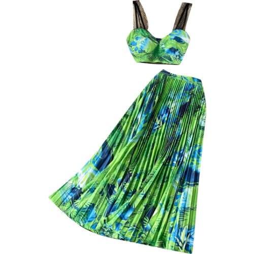 Sexy Women Boho Two Piece Set Crop Top Long Skirt Floral Printed Bandeau Strapless Bandage Ruffles High Waist Skirts Holiday Set