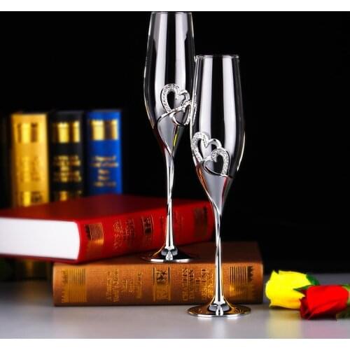 Crystal diamond heart-shaped Champagne Cup Set bubble goblet Glass Wedding Gift pair wine glasses