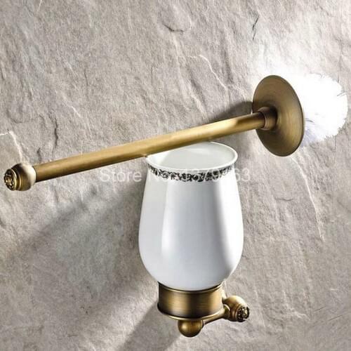 Vintage Retro Antique Brass Wall Mounted Toilet Brush & Holder Set White Brush Ceramic Cup Bathroom Accessory aba422