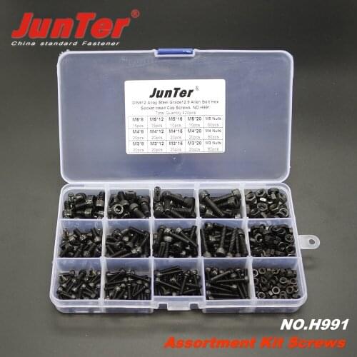 High-quality 420pcs M3 M4 M5 Allen Bolts Alloy Steel Grade12.9 High Tensile Socket Cap Screws With Nuts Assortment Kit NO.H991