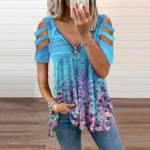 Womens T-Shirt 2021 Summer Fashion Print V-Neck Zipper Tshirts Hollow Pullover Casual Loose Ladies Top Tee футболка оверсайз