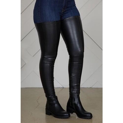 Women Over Knee High Crotch Boots Thick Bottom Block Low Heels Shoes Woman Booties Vintage Leather Waterproof Chaussures Femme