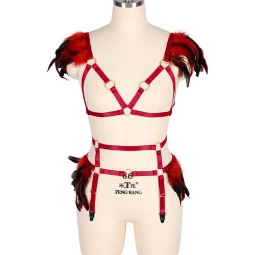 Bondage Harness Bra Feathers Skirt For Women Fashion Sexy Cage Strappy Lingerie Set Punk Gothic Dance Festival Rave Wear Costume