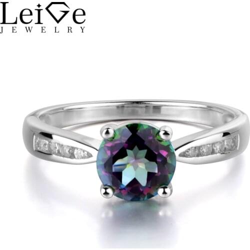 Leige Jewelry Round Cut Mystic Topaz Rings Women Sterling Silver 925 Engagement Rings Rainbow Topaz Jewelry Color Changing