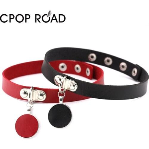 Cpop Egirl Circle Pendant Night Club Choker Necklace for Women Vintage Faux Leather Sexy Collar Choker Accessories Party Jewelry