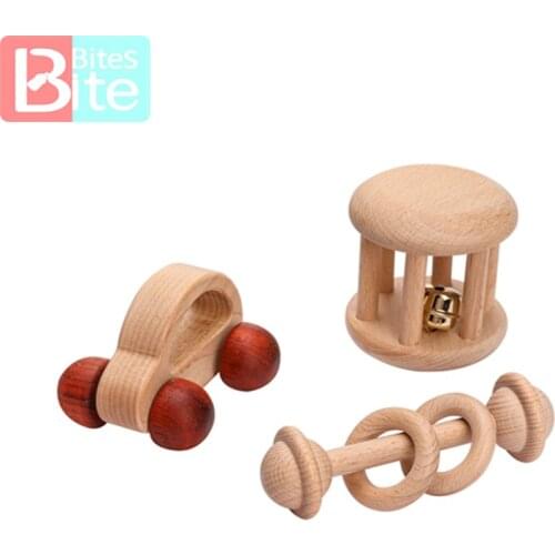 1Pc Baby Beech Wooden Rattle Food grade Teether No BPA Montessori Early Education Hand Held Toy Relieve Baby Teething Pain