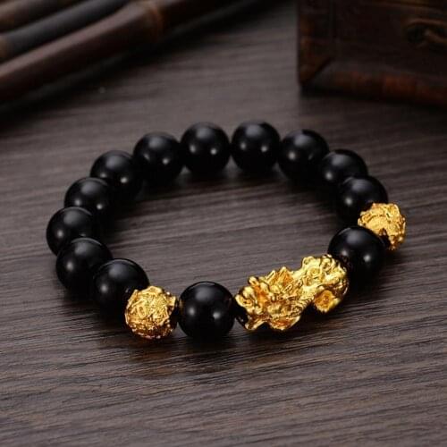 12mm Feng Shui Obsidian Stone Beaded Bracelet Men Women Unisex Wristband Gold Black Pixiu Wealth And Good Luck Women Bracelets