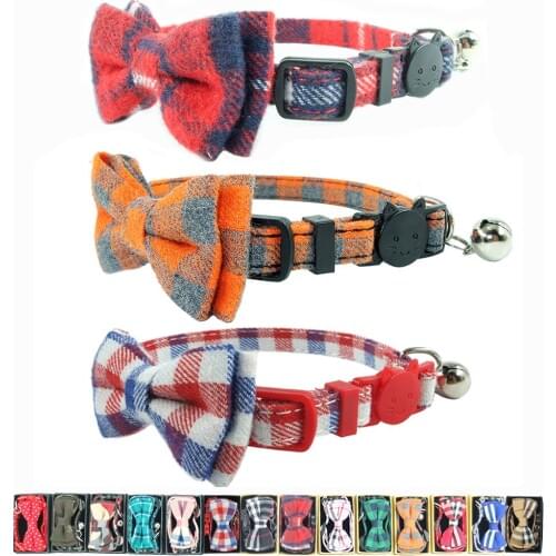3PCS Cat Collar with Bow Tie Bell Red Pink Plaid Quick Release Safety Buckle Cats Kittens Puppies Collars Accessories 17-28cm