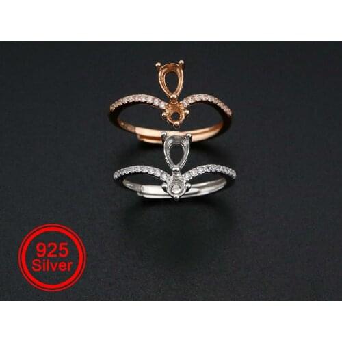 4x6MM Pear Prong Ring Adjustable with 4MM Round Bezel Rose Gold Plated Solid 925 Sterling Silver DIY Bezel 1294192