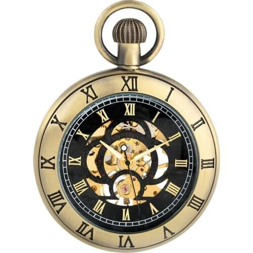 Antique Steampunk Roman Numerals Display Mechanical Pocket Watch Retro Bronze/Black/Silver Hand-Winding Pendant Clock Fob Chain