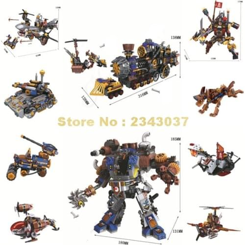 Age Of Steam Military Helicopter Fighter Robot Train Dog Aircraft Chariot Tank Building Blocks Toy