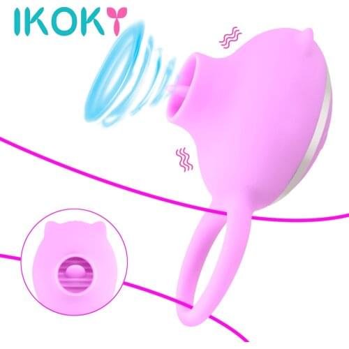 IKOKY 3 Speeds Cock Ring G-spot Massage Vibrator Penis Ring Tongue Licking Rotation Oral Vagina Clitoris Stimulate