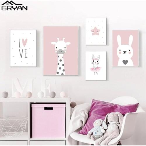 Giraffe Bunny Rabbit Prints Painting Wall Art Cartoon Animal Nursery Canvas Poster Kids Love Quote Star Baby Girls Room Pictures