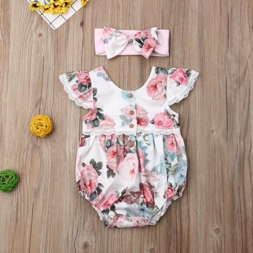 Pudcoco Newborn Baby Girl Clothes Flower Print Fly Sleeve Lace Ruffle Romper Bowknot Headband 2Pcs Outfits Cotton Clothes