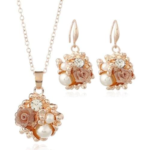 Earring Necklace Set Fashion Rose Gold Pearl Earring Necklace Elegant Ladies Engagement Set Anniversary Gift Bride Jewelry