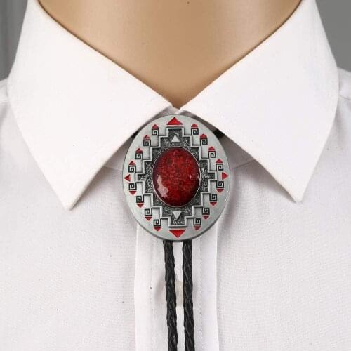 Handmade Western Cowboy Bolo Tie Southwest Ruby Cross Pattern Totem Antique Silver Vintage Bolo Tie for Women with Red Enamel