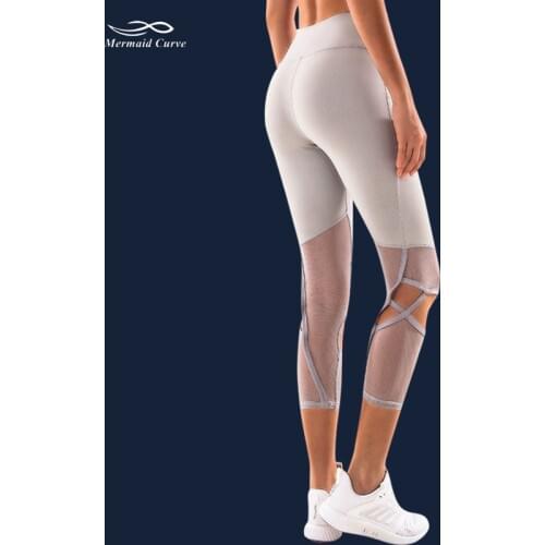 Summer Tight Yoga Capri Pants Female Mesh Stitching Pilates Leggings Calf Hollow out Elastic Thin Running Fitness Leggings Women