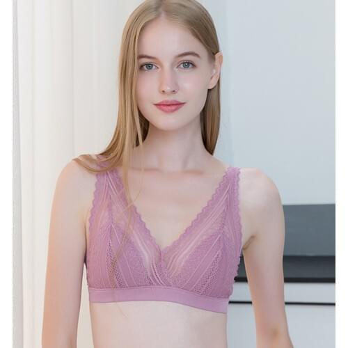 2019 autumn new French style silk no steel ring thin womens underwear Lace Sexy triangle cup real silk bra 9058A