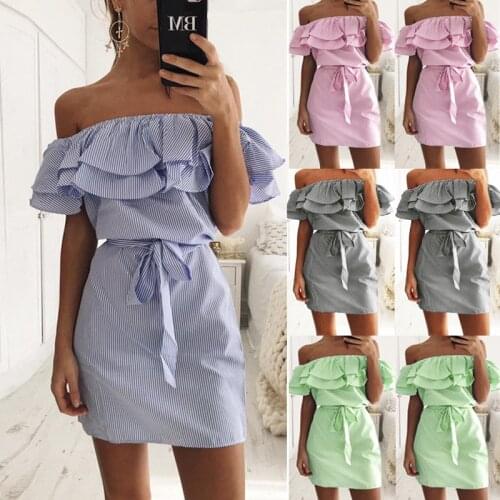 3XL Spring Summer 2019 Fashion Women Off Shoulder Sexy Dress Ruffles Striped Bodycon Dress Large Sizes Beach Dress Vestidos