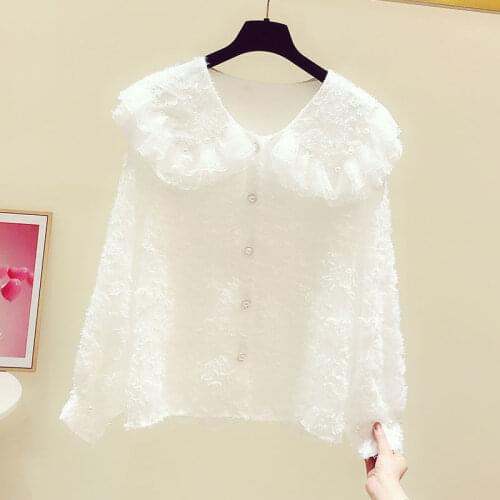 2021 Spring and Autumn New Temperament Beaded Lace Edge Doll Collar Long Sleeve Shirt Women Casual All-match Shirt