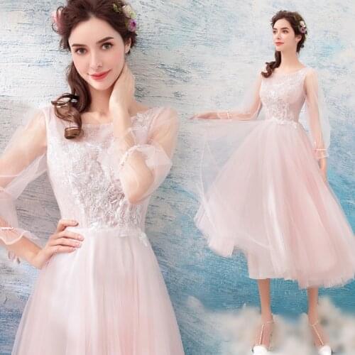 New Pink Long Sleeve Party Dress 2019 Tulle Embroidered Beads Elegant Prom Gowns O Neck Lace Mid Long Pleated Dress For Wedding