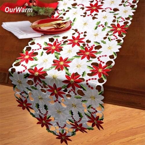 OurWarm Floral Christmas Table Runner White Table Cover Cloth For Home Christmas Wedding Party Table Decoration 38*176cm