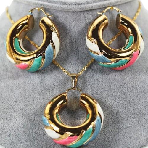 Colored Enamel Copper Gold Pendant Necklace and Earrings Jewelry Set Fashion Hoop Earrings Necklace Set for Women S121005