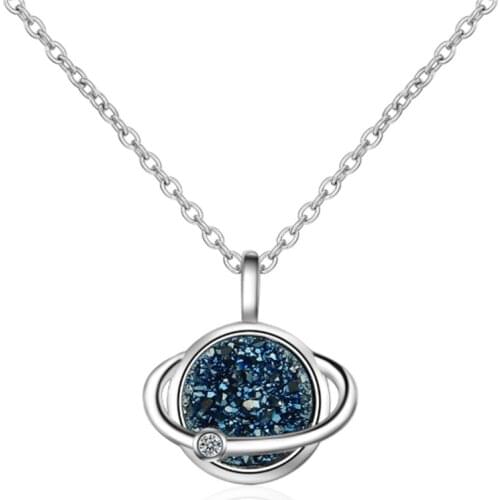 Womens simple personality temperament blue crystal planet teeth short silver plated necklaces SE032