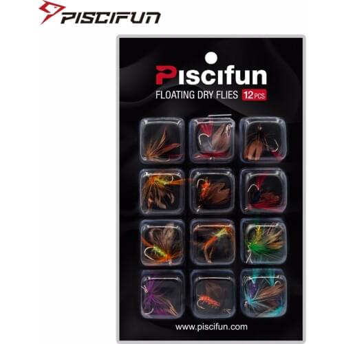 Piscifun 12pcs Dry Flies Fly Fishing flies Kit Bass Salmon Trouts Flies Floating Fishing Lures Fishing Bait